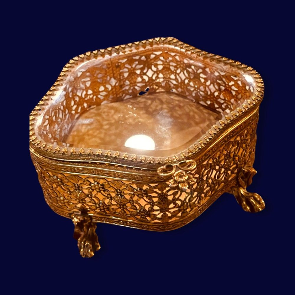 Hollywood Regency Brass Filigree and Antique Jewelry case box